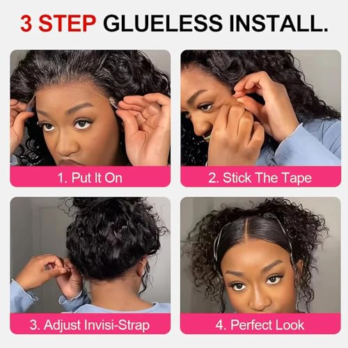 Caijuxing Water Wave 360 Glueless Lace Front Wigs Human Hair Invisi Strap HD Full Lace Front Wigs Human Hair Pre Plucked with Drawstring 180 Density Curly Wig (360-Water Wave Wig, 18 Inch)