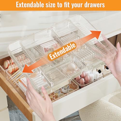 Expandable Drawer Organizer Tray from 11¡± to 19.1¡±, Adjustable Silverware in Drawer Holder, Clear Plastic Drawer Storage with Sliding Dividers for Utensil, Cosmetics, Toiletries, Offices