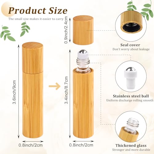AUHOKY 12Pcs Bamboo Roll on Bottles for Essential Oils, Portable Massage Oil Bottle with Stainless Steel Roller Ball, Reusable Travel Perfumes Sample Lip Gloss Container (1 Opener) (10ML)