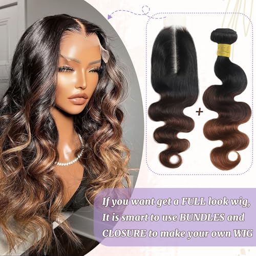 T1B/2/30 Chestnut Brown Ombre Human Hair Bundles Body Wave 100% Real Virgin Human Hair Bundles 20 22 24 Inch Dark Roots Bundle 3 Tone Ombre Medium Auburn Colored Sew in Quick Weaves