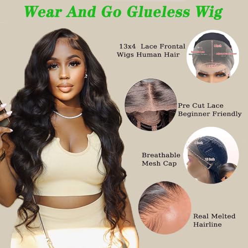 32 Inch Glueless Wigs Human Hair Pre Plucked Pre Cut 180% Density Wear and Go Glueless Wig Human Hair 13x4 HD Body Wave Lace Front Wigs Human Hair for Women Frontal Wigs with Baby Hair
