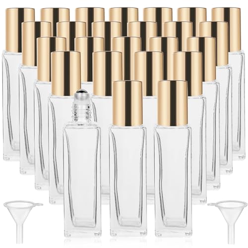 25 Pcs 10 ml Roller Bottles for Essential Oils, Square Thick Empty Glass Roller Bottles with Stainless Steel Roller Balls Protection Leakproof with 2 Funnel for Travel, Gold
