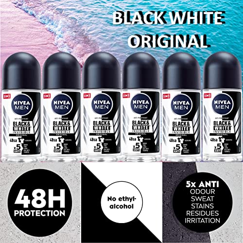 Nivea BLACK WHITE ORIGINAL, ROLL-ON ? FREE ALCOHOL, ANTIPERSPIRANT DEODORANT, 48 HOURS PROTECTION, 1.7 OZ (Pack of 6), 50.0 milliliters