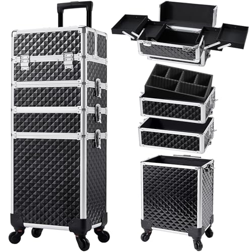 Stagiant Rolling Makeup Case Cosmetology Case on Wheels 4 in 1 Large Cosmetic Organizer Train Case Makeup Travel Case with Key Swivel Wheels Nail Artist Salon Storage Traveling Cart Trunk Black