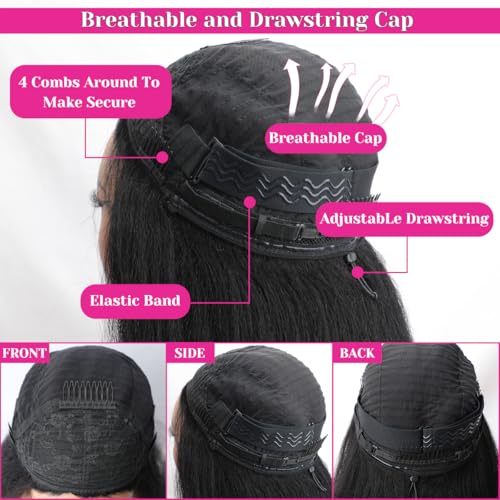 Kinky Straight Half Wig Human Hair Glueless Wigs 3 In 1 Half Wig Human Hair 180% Density Drawstring Seamless Flip Over Wear and Go Wig Invisible Hairline Beginner Friendly 24 Inch