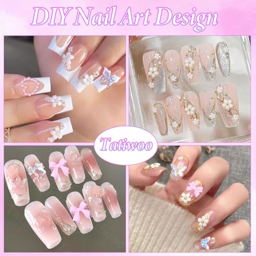 1000 Pcs White Flower Nail Charms, 3D Tiny Flowers Charms for Acrylic Nails Mixed Pink Bows Butterfly Petal Nail Art Charms, Caviar Beads and Half Nail Pearls for Manicure Nail Accessories
