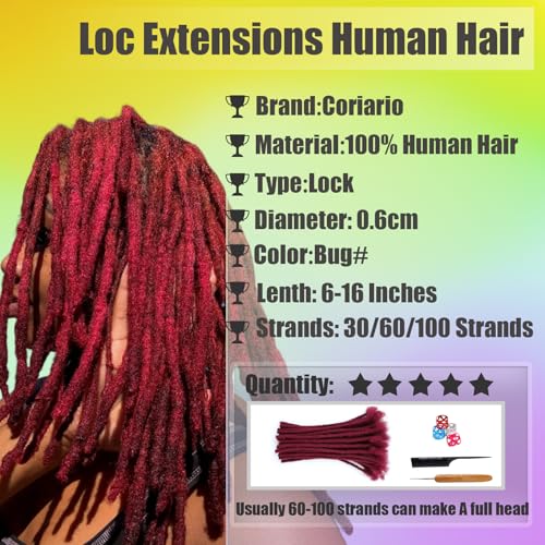 12 Inch Wine Red Dreadlock Extensions Human Hair Loc 60 Strands 0.6cm Real Human Hair Dread Extensions for Men BUG#
