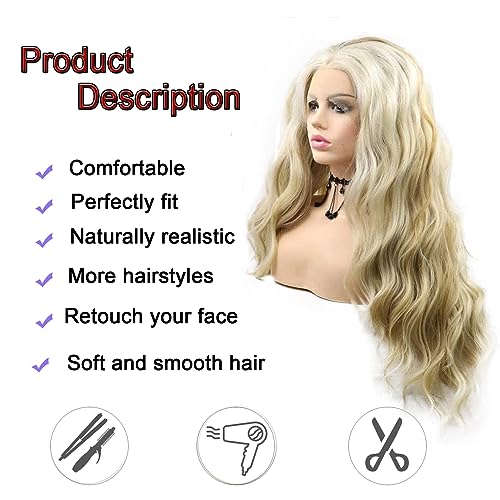 613 Lace Wig Blonde Curly Lace Front Wigs Brown Blonde Highlight Long Water Wave Synthetic Lace Front Wig Pre-plucked Hairline Glueless Wigs for Black Women Girls Daily Party 26 Inch
