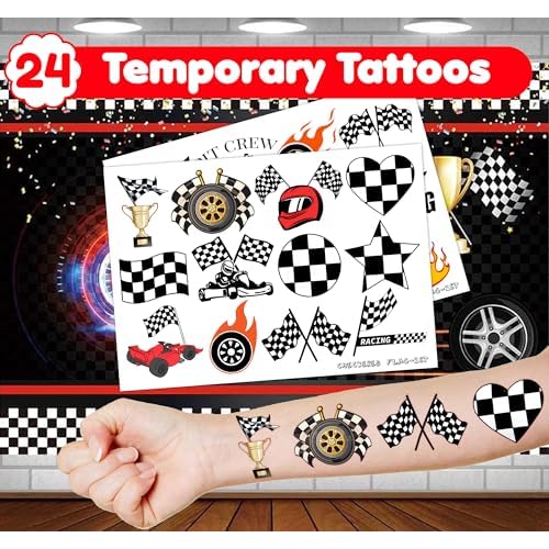 36PCS Checkered Flag Party Favors - 24PCS Temporary Tattoos & 12PCS Stamps - Ideal Black and White Race Flag Themed Birthday Card Decorations Supplies Goodie Bag Cute Rewards for Boys Girls Gifts