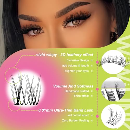 Lash Clusters Kit Natural Venus Cluster Eyelash Extensions Kit 8-16mm Wispy Eyelash Clusters D-curly Individual Eye Lashes Thin Invisible Band DIY Lash Extension Kit G02 by WiWiLINK