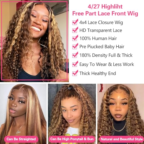 26inch Wear and Go Glueless Deep Wave 4/27 Highlight HD Transparent Lace Front Wigs Human Hair Wet and Wavy Curly Lace Frontal Wigs Pre Plucked with Baby Hair 200% Density
