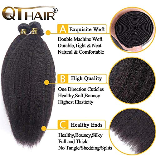 QTHAIR 16A Brazilian Kinky Straight (20 22 24inch) Yaki Straight Human Hair 3 Bundles 100% Unprocessed Brazilian Virgin Human Hair Bundles Natural Color