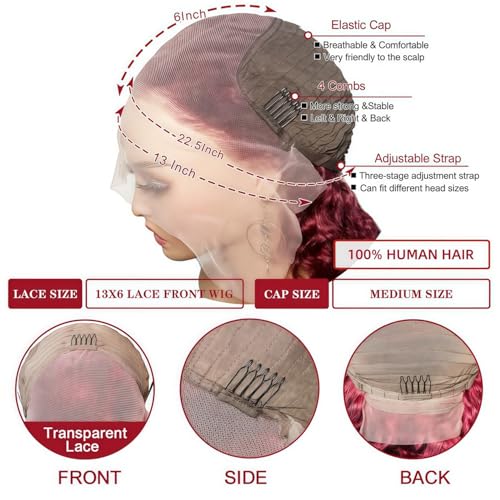 200 Density Burgundy Lace Front Wigs Human Hair 13x6 HD Deep Wave Lace Front Wigs Human Hair Pre Plucked with Baby Hair 99J Red Colored Deep Curly Lace Frontal Wigs Glueless Wig for Women 24inch