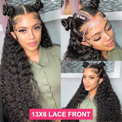 30 Inch Deep Wave Lace Front Wigs Human Hair 13x6 HD Transparent Deep Curly Lace Frontal Wigs 180% Density Glueless Wigs Human Hair pre Plucked with Baby Hair Natural Color
