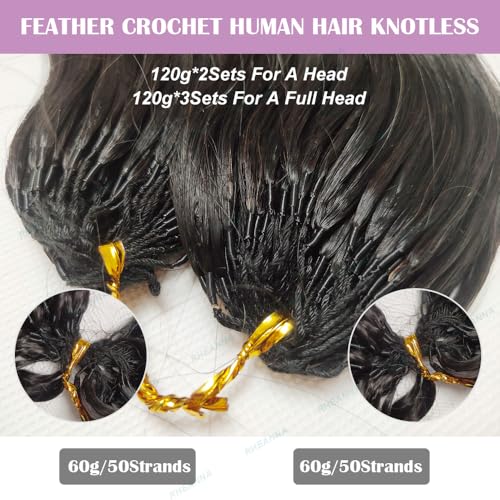 Feather Crochet Human Hair Extensions Wet and Wavy Knotless Pre-Separated Crochet Hair Extensions Human Hair With String In The Middle Braid 20inch 120g