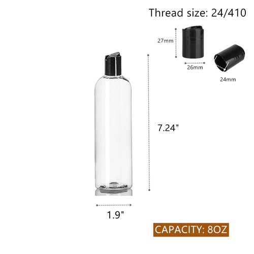Zentriqlla 24 Pack 8oz Clear Plastic Empty Bottles, Refillable Travel Containers with Disc Top Flip Caps, Squeezable Shampoo Bottles for Toiletries Liquid Soap, Lotions, Cream, Creams, BPA Free