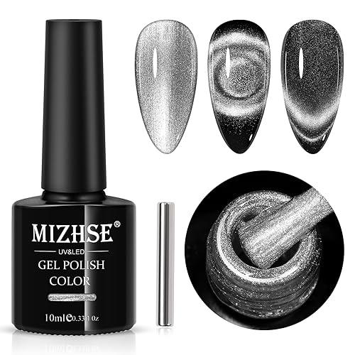 MIZHSE 9D Cat Eye Gel Nail Polish, Silver Magnetic Gel Polish with Magnet Stick, Magic Shimmer Galaxy Effect Holographic Glitter Silky Cat Eye Nail Polish Soak Off Nail Art Salon Manicure DIY at Home