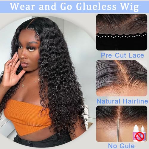 30Inch Glueless Wigs Human Hair Pre Cut 5x5 Deep Wave Lace Closure Wigs 180% Density Wear and Go Curly Wig for Black Women Natural Black Color Small Head Friendly