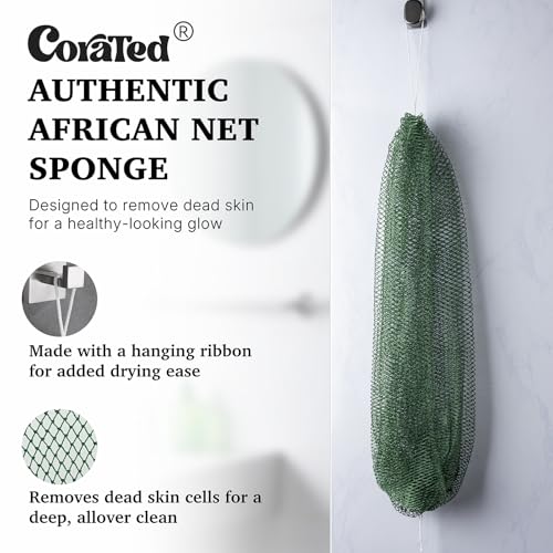 CORATED African Net Sponge Authentic, Shower Loofah Exfoliating Bath Sponge, Body Scrubber for Women and Men Daily Use Body Care, Travel Portable Bath Accessories for Bathroom (Brown & Dark Green)