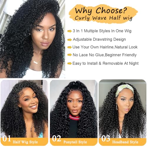 Miss Lee Kinky Curly Half Wig Human Hair 200% Density 3 In 1 Half Wig Glueless Wigs Human Hair Wear and Go Drawstring Seamless Flip Headband Wig for Women Beginner Friendly Natural Black