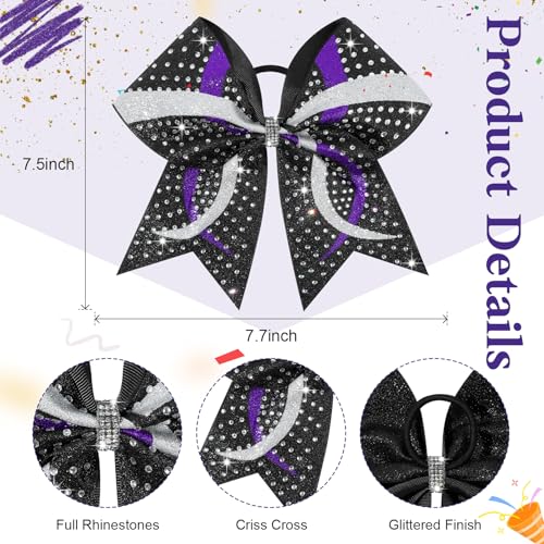 6PCS Full Glitter Rhinestone Cheer Bows Criss Cross Stiff Competition Large Cheerleading Hair Bows Elastic Band for Cheerleaders Girls -Black/Purple/Silver