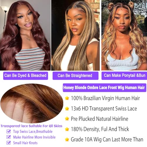 30 Inch Honey Blonde Wig Human Hair 13x6 Ombre HD Lace Front Wigs Body Wave P4/27 Highlight Human Wig Pre Plucked with Baby Hair 180 Density Human Hair Frontal Wigs for Women