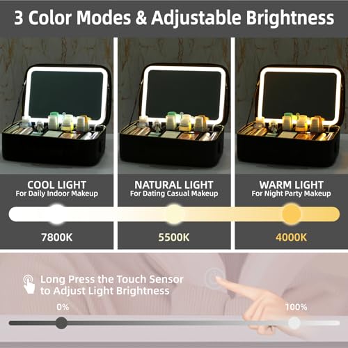15¡°¡¿11¡°Professional Makeup Train Case,Large Waterproof Travel Makeup bag with Mirror and Light, Leather Black Make up Bag with Mirror and Light,Led Makeup Case with Adjustable Dividers