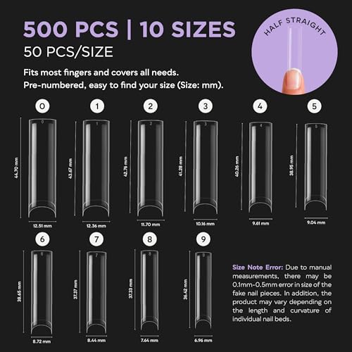 SUNUV Long Straight Nail Tips 500 PCS Extra Long Fake Nails Pre-shaped Half Cover Acrylic Press On Nails for Salon and DIY at Home