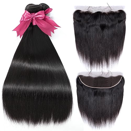 12A Straight Bundles with Frontal Human Hair 22 24 26 with 20 Inch Brazilian Human Hair Bundles with Closure 100% Unprocessed Virgin Hair Weave Bundles with 13x4 HD Lace Frontal