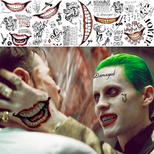 5 Sheets 3D Joker Temporary Tattoos For Men Women Adults Halloween Makeup Kit, Ghost Clown Scary Smile Face Damaged Joker Tattoos, Prisoner Halloween Cosplay Prank Costume Rave Accessories