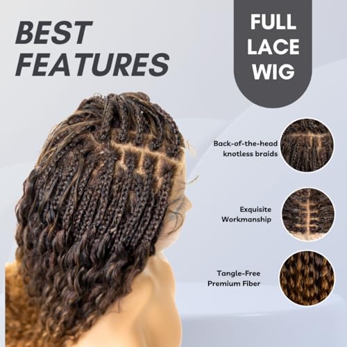 PIB Single Full Lace Braid Wig ? Micro Boho Peruvian Deep Wave Box Braided Wig, Knotless Braided Wigs for Black Women, Curly Hair Wig (#1B30 Off Black and Brown, 24")