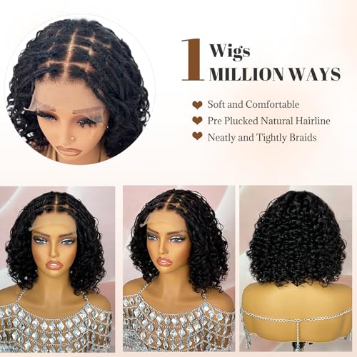 Munx Boho Braided Bob Wig Deep Curly 5x5 Lace Closure with Braided Bob Wigs HD Lace Front Pre Plucked 100% Human Hair 200% Density Square Knotless Boho Box Braiding Wig for Black Women 12in