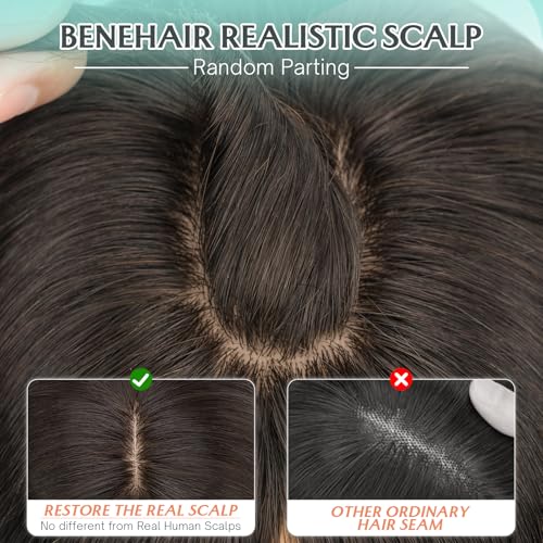Benehair Hair Toppers for Women Real Human Hair 9 * 12CM Silk Base Hair Pieces No Bangs 150% Density for Thinning 100% Remy Hairpieces for Women Natural Black 12 Inch