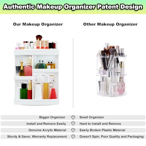 360 Rotating Makeup Organizer, DIY Adjustable Makeup Carousel Spinning Holder Storage Rack, Large Capacity Vanity Organizer Skincare Organizers (White)