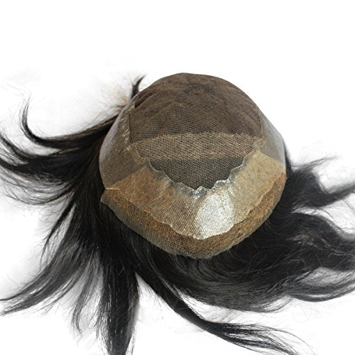 Black Human Hair Toupee for Men 1B Swiss Lace Front Remy Hairpiece Bleached Knots (1B-PUaround)