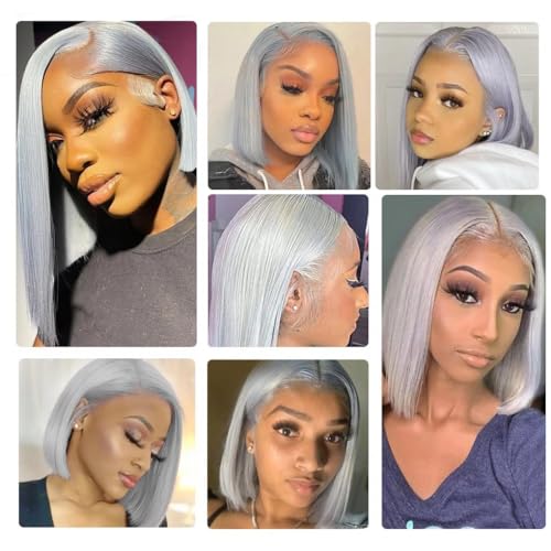 Smartinnov Grey Bob Wigs Human Hair 13x4 Lace Front Wigs Glueless Brazilian Remy Hair Straight for Women 8 Inch Pre Plucked Natural Hairline 180% Density Grey HD Lace Frontal Short Bob Wigs