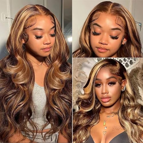 Highlight Bundles with Closure Human Hair Body Wave P4/27 Honey Blonde Brown Bundles with Highlights human hair 10A Brazilian Body Wave with Closure 16 18 20+16inch