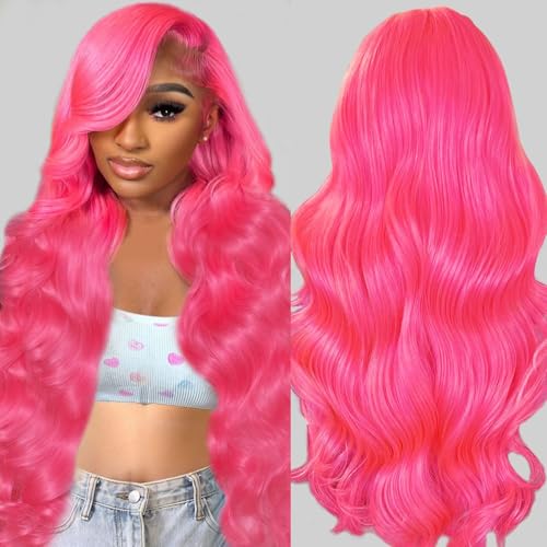 32 Inch Pink Human Hair Wig 200 Density 13x6 HD Lace Front Wigs Human Hair Pre Plucked Body Wave Pink Lace Front Colored Glueless Wigs for Women with Baby Hair