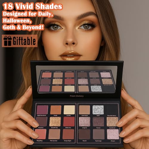 Prism Makeup Matte Eyeshadow Palette Pro 18 Colors Pigmented Shimmer Glitter Eye Shadow Palette, Long Lasting Waterproof Smokey Powder Cosmetics Halloween Makeup Kit (01# Seductress)