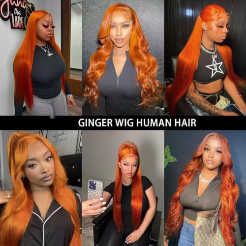 36 Inch Ginger Lace Front Wig Human Hair 13X6 HD Transparent Lace Front Wig Colored Straight Lace Front Wig Orange Wig Human Hair 200% Density Pre Plucked Natural Hairline with