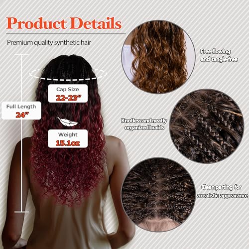 Micro Boho Natural Deep Curly Wave Box Braided Wig - Knotless Braided Wigs - Curly Hair Wig with Natural Baby Hair - Full Lace 360 Wig Korea beauty fiber (#1B118 Off Black and Burgundy, 24¡±)