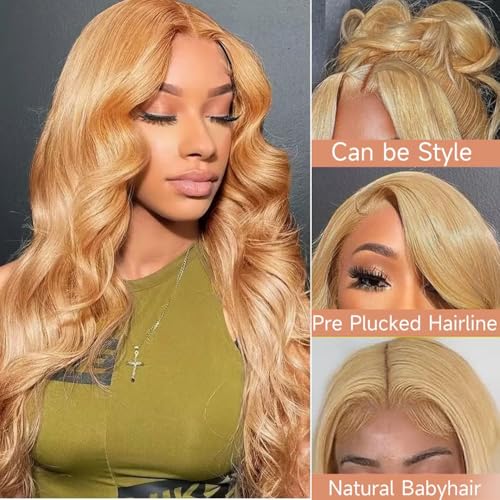 Honey Blonde Wig Human Hair 13x6 Body Wave Hd Lace Front Wigs Human Hair Pre Plucked 27# Colored Blonde Lace Frontal Wig 180% Density Real Hair Wavy Human Lace Front Wigs For Black Women 32Inch