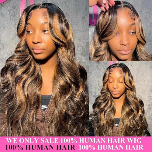 Highlight 13x6 Body Wave Lace Front Wig Human Hair 26 Inch 1B/30 HD Transparent Lace Frontal Wig for Women Ombre Lace Front Wig Pre Plucked with Baby Hair 180% Density