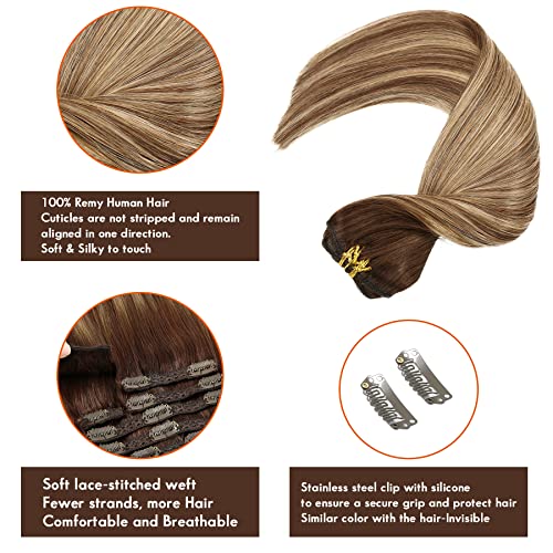 SEACOLOR Stock Clearance Special: Grab Your 20 Inch, 150g Balayage Chocolate Brown Mixed with Caramel Blonde Remy Clip-In Hair Extensions, 100% real Human Hair #T4/27/4 Chocolate Brown Highlight
