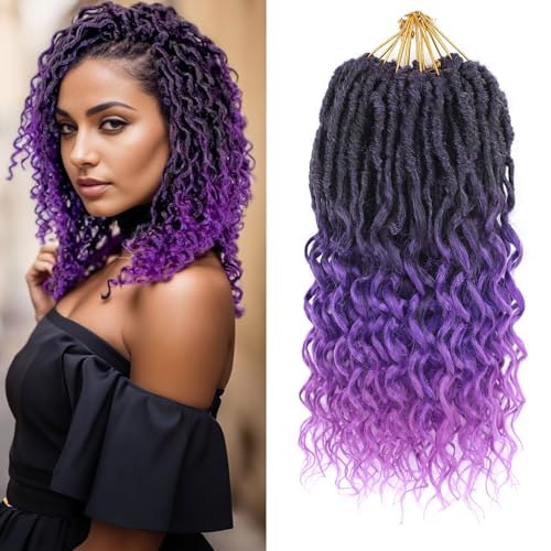 Short Purple Crochet Hair-8 Packs 12 Inch Deep Faux Locs Crochet for Black Women Pre Looped|Prelooped Goddess Locs With Wavy Curly Ends Synthetic Crochet Braids,Lightweight& Natural (12",T1B/Purple#)