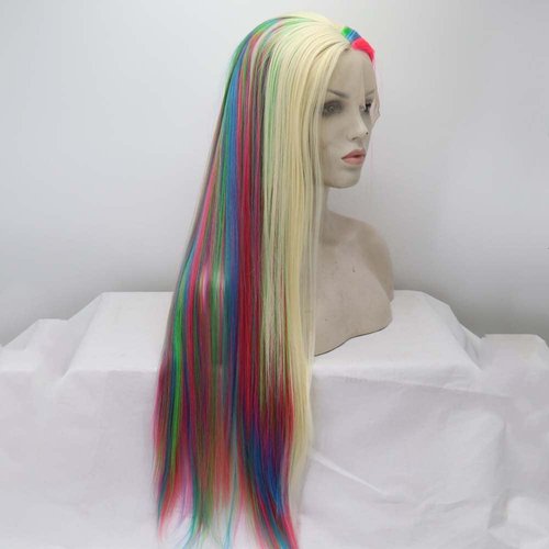 melody wig 613#Mixed Blonde Colorful Wig Synthetic Rainbow Lace Front Wigs Long Silky Straight Wig Heat Resistant Fiber Long Wigs