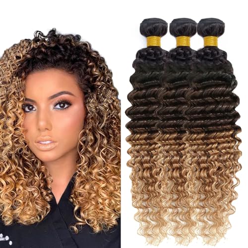 Honey Blonde Bundles Human Hair Ombre Deep Wave Bundle Mixed Length 3 Bundles 22 24 26 Inch Double Weft 3 Tone Brown and Honey Blonde Deep Wave Hair Weave