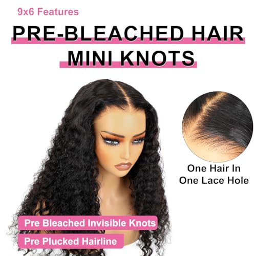 BLY Glueless Wigs Human Hair 9x6 M-Cap Wig Max Parting HD Lace Pre Cut Wig for Women Pre Plucked, Bleached Tiny Knots Deep Wave Curly Lace Front Wigs Wear Go 180% Density 22 Inch