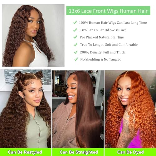 13x6 Chocolate Brown Lace Front Wig Human Hair HD Deep Wave Lace Front Wigs Human Hair Colored Deep Curly Lace Frontal Wigs Glueless Wig for Woman Pre Plucked Human Hair 22 Inch