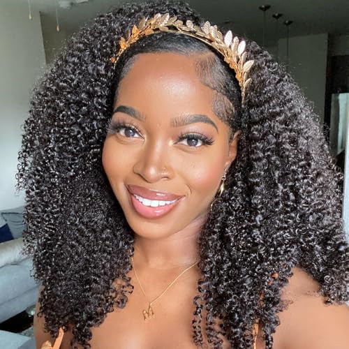 BLY Afro Curly Headband Wig Human Hair Half Wig for Women Glueless Kinky Curly 3 In 1 Wig 10A Grade 180% Density Natural Black Middle Part Headband Wigs 24 Inch